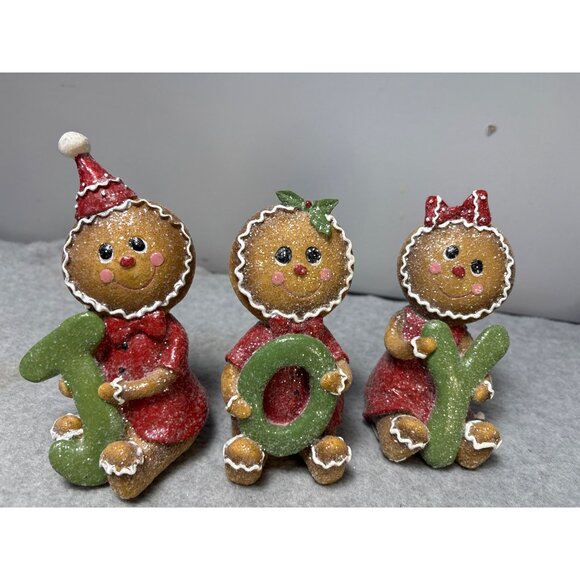 Set of 3 Gingerbread JOY Figurines Christmas Decor Holding Letters Holiday Glitt - Picture 10 of 11